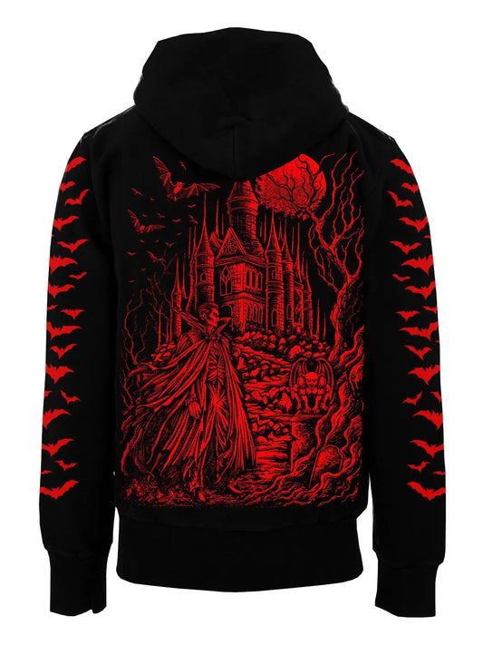 Draculas Castle Hoodie w/ Red Bat Sleeves