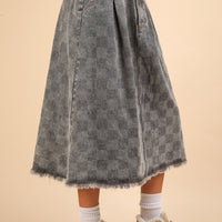 Washed Checkered Denim Midi Skirt Grey