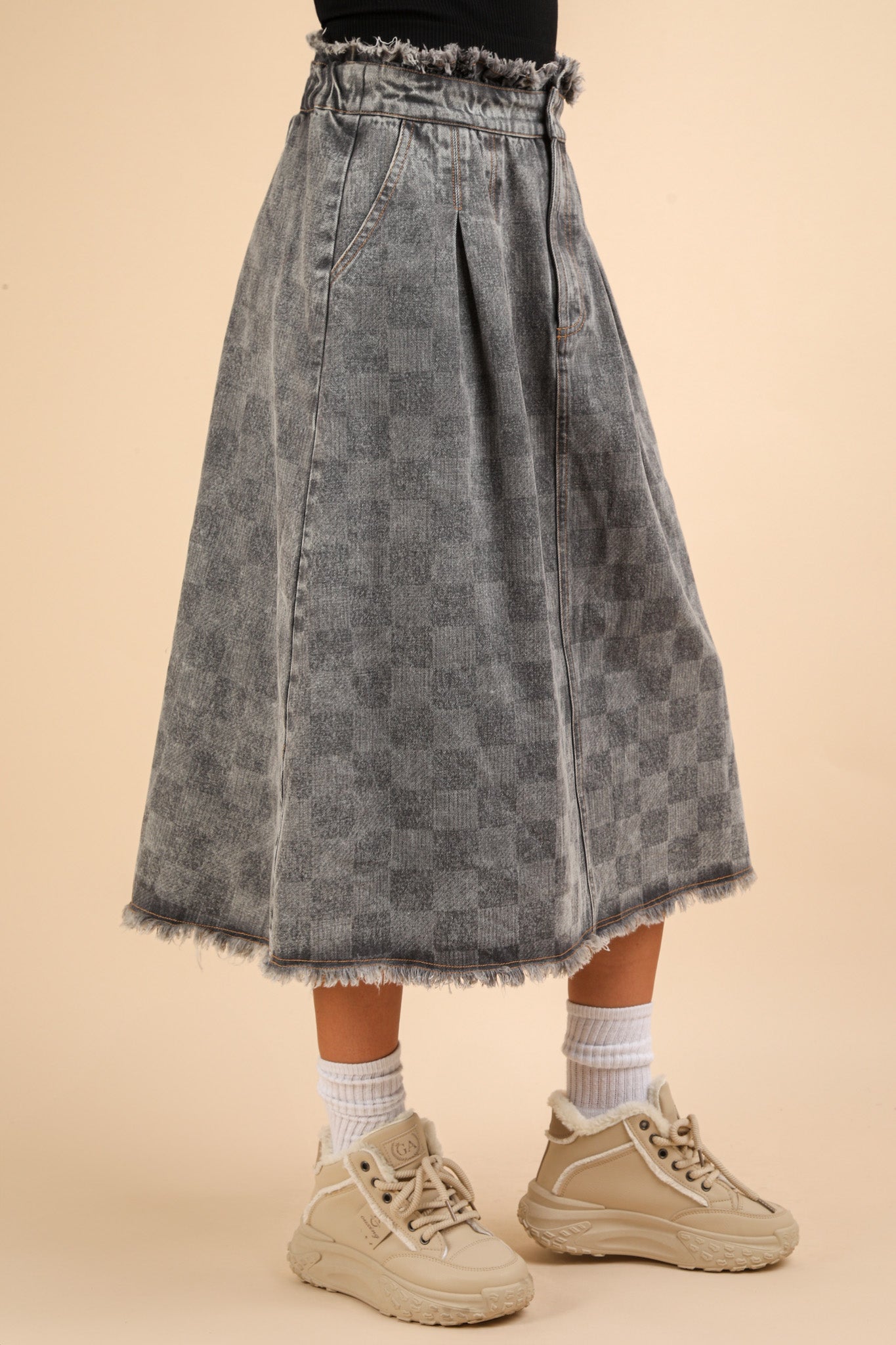 Washed Checkered Denim Midi Skirt Grey