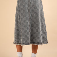 Washed Checkered Denim Midi Skirt Grey