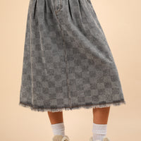 Washed Checkered Denim Midi Skirt Grey