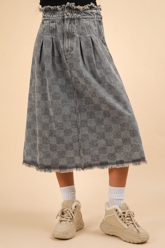 Washed Checkered Denim Midi Skirt Grey