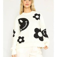 Smiley And Flower Knit Sweater