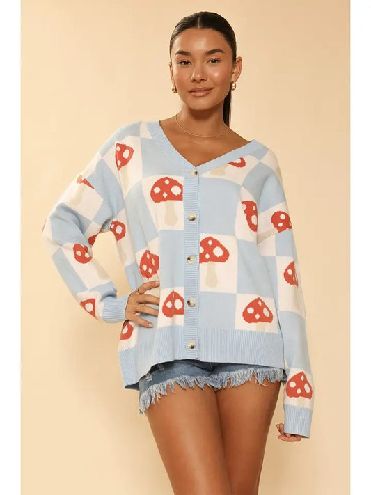 Checkered Mushroom Knit Cardigan