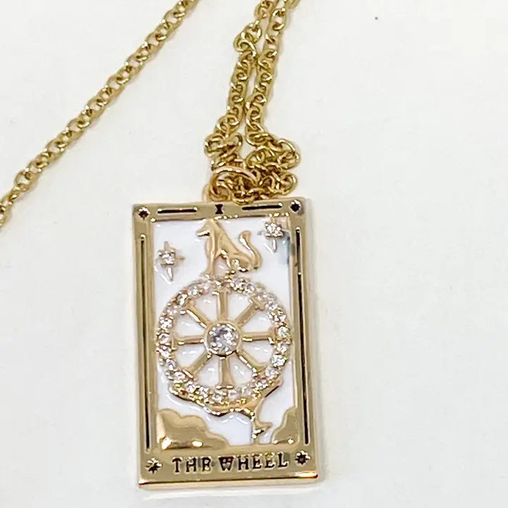 Tarot Card Necklace - The Wheel of Fortune -14K Gold Steel