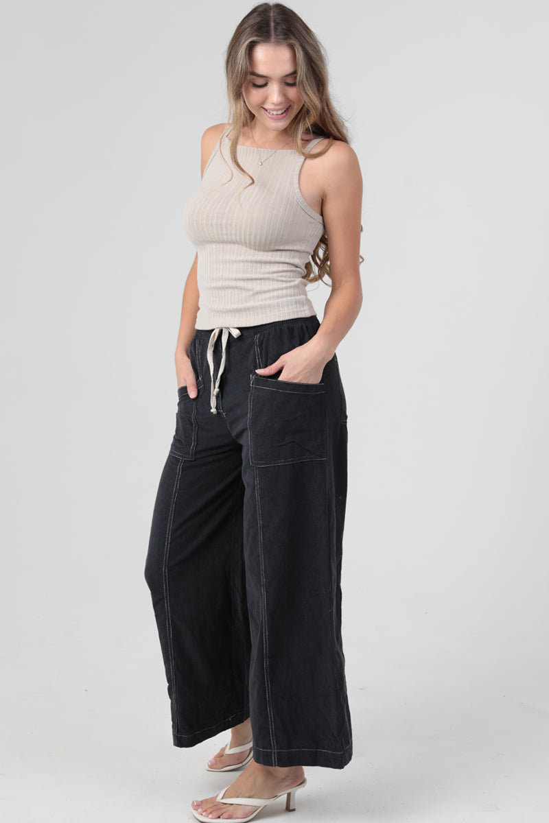 Wide Leg Drawstring Waistband Corduroy Pants