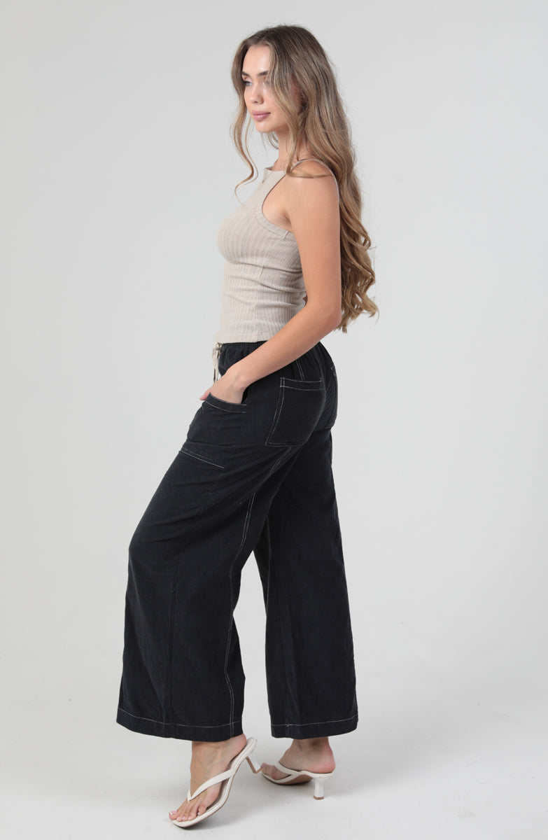 Wide Leg Drawstring Waistband Corduroy Pants