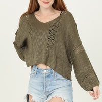 Olive V Neck Long Sleeve Pullover