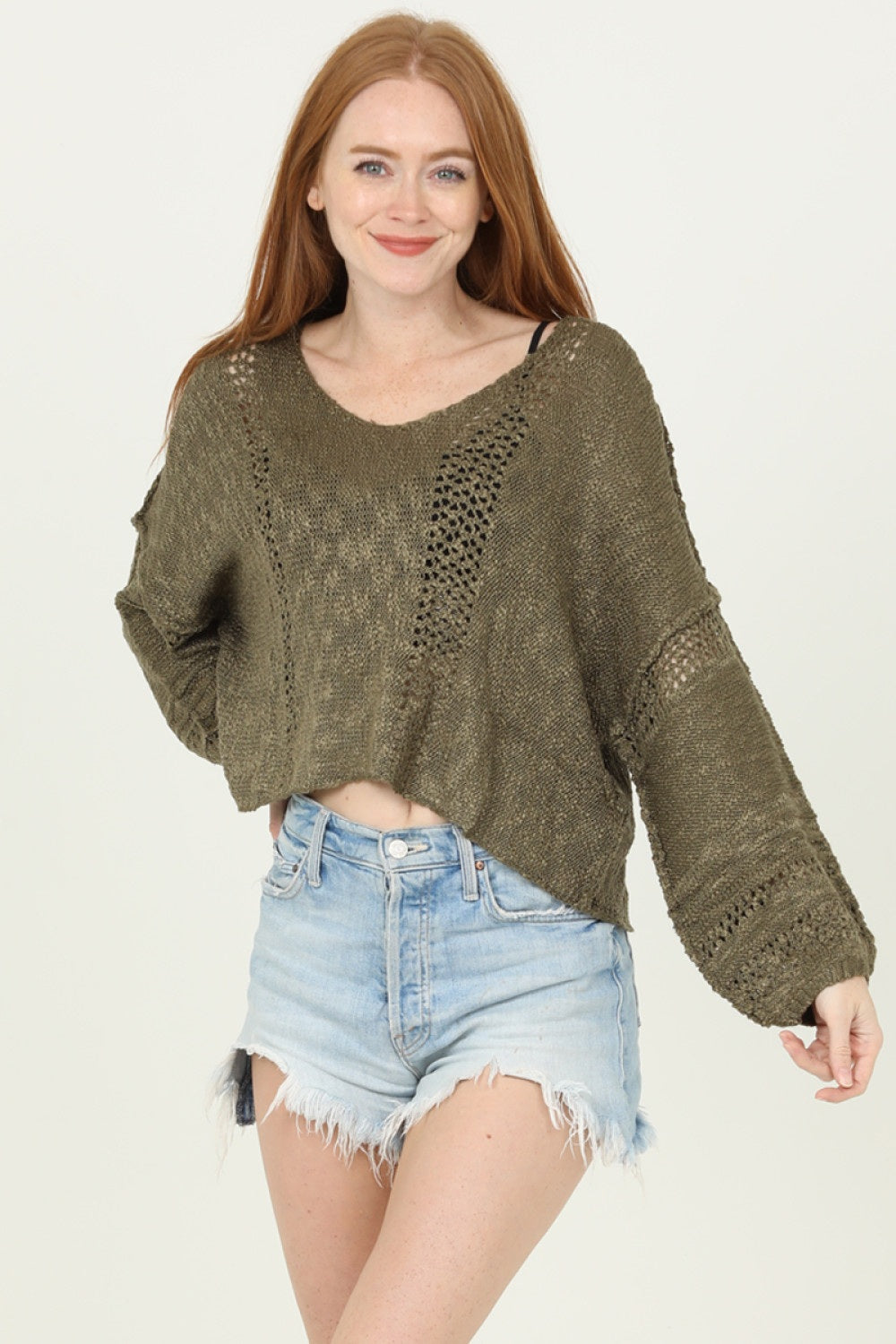 Olive V Neck Long Sleeve Pullover
