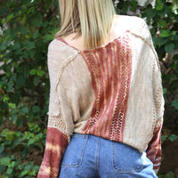 Tan Rust Peach V Neck Long Sleeve Pullover