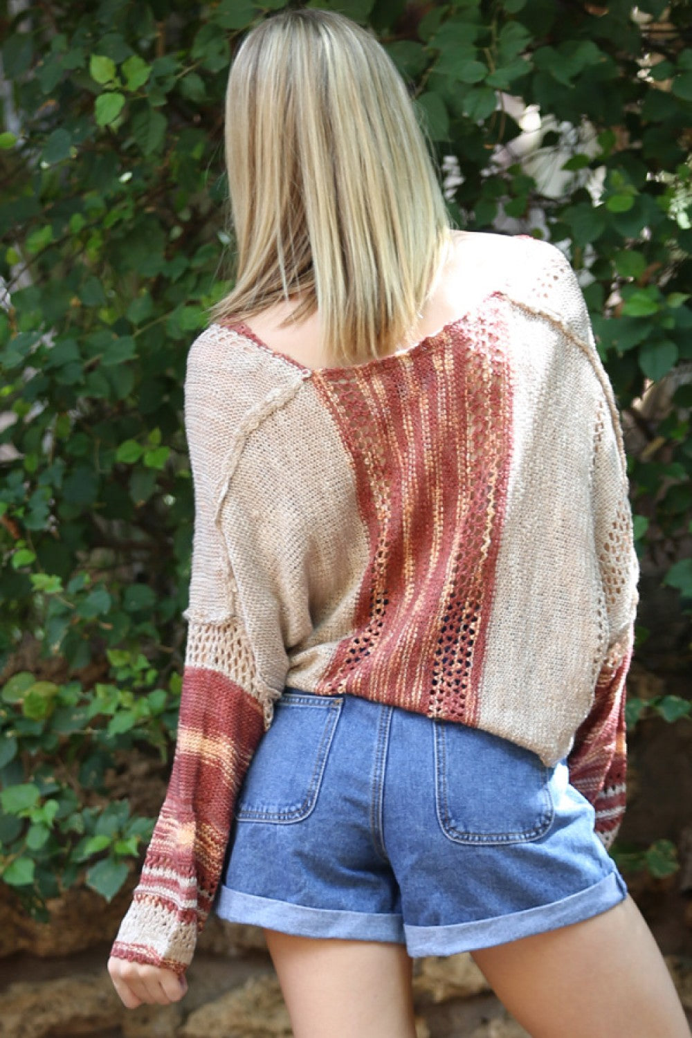 Tan Rust Peach V Neck Long Sleeve Pullover