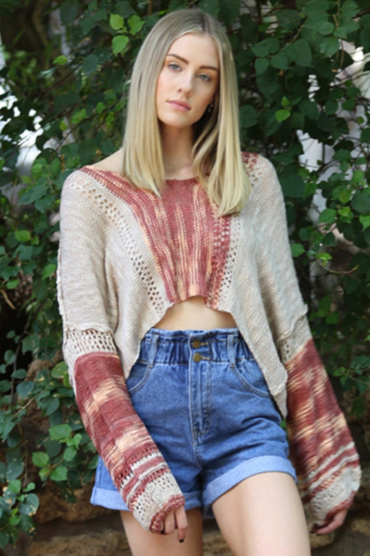 Tan Rust Peach V Neck Long Sleeve Pullover