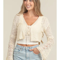 Flare Sleeve Tie Front Crop Cardigan Sweater