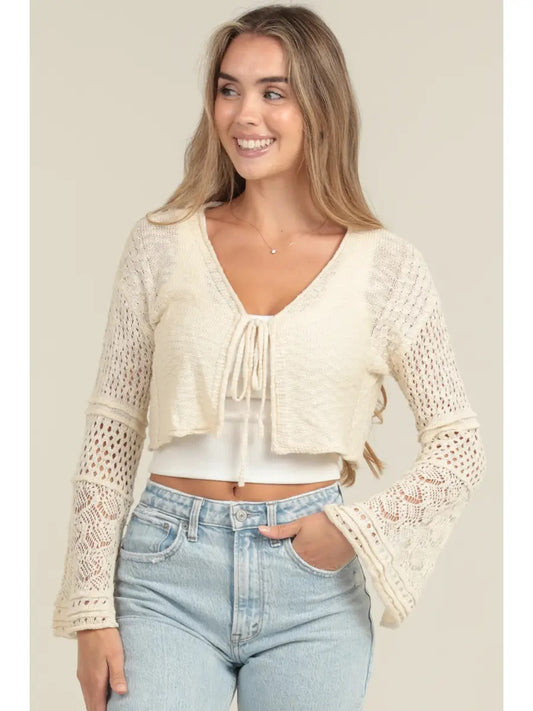 Flare Sleeve Tie Front Crop Cardigan Sweater