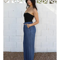 Tencel Wide Leg Elastic Waist Pants with Pockets