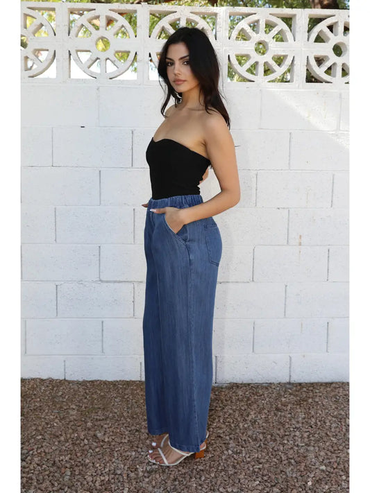 Tencel Wide Leg Elastic Waist Pants with Pockets