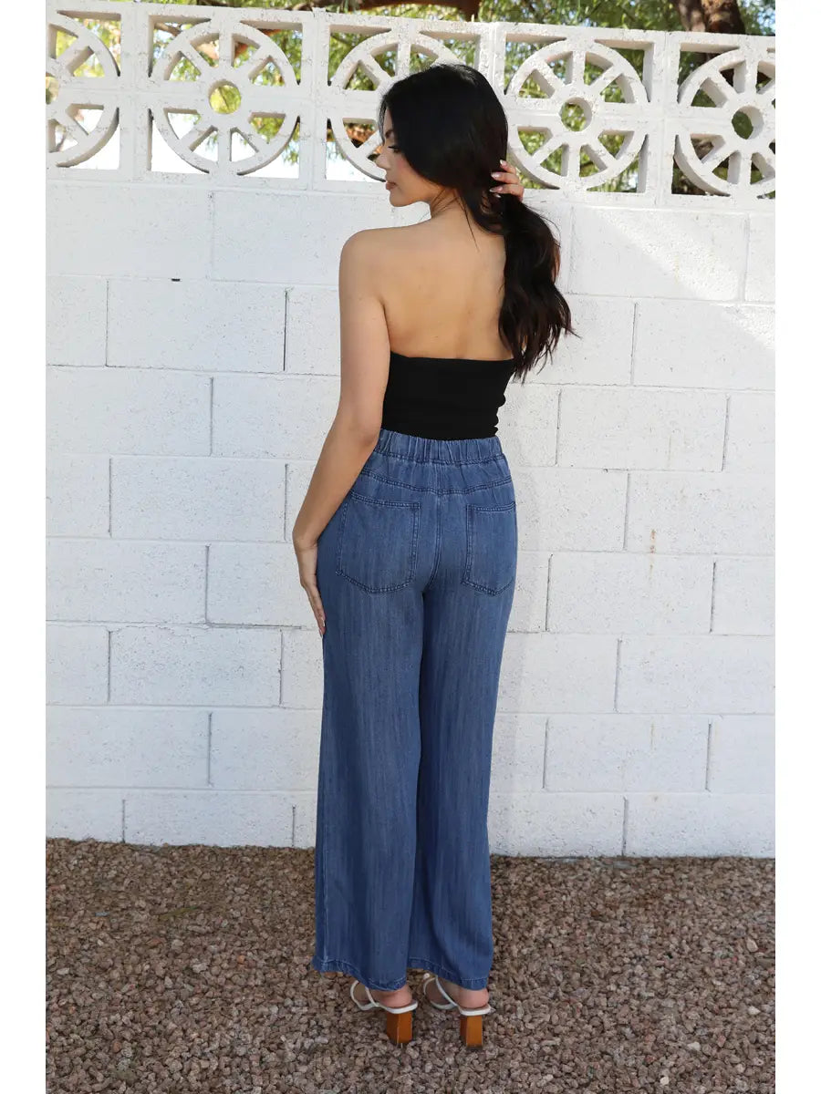 Tencel Wide Leg Elastic Waist Pants with Pockets