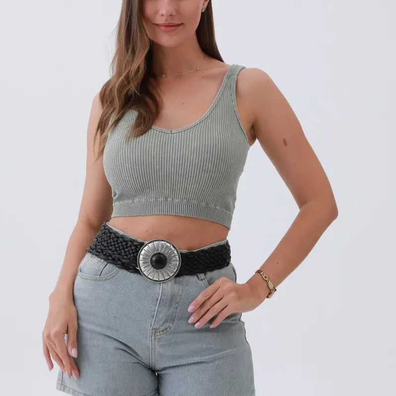 Black Wide Belt – Stone-Embedded Round Buckle