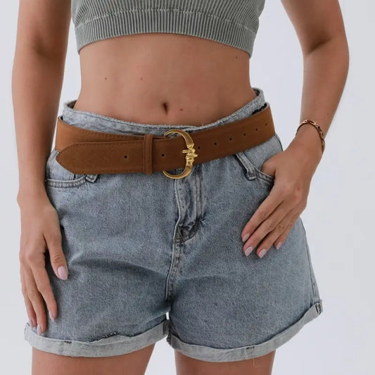 Camel Modern Suede Belt – Gold Circle Buckle