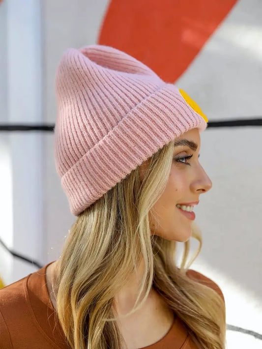Smiley Face Ribbed Beanie Pink