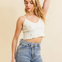 Ivory Daisy Embroidered Ribbed Lettuce Edge Brami