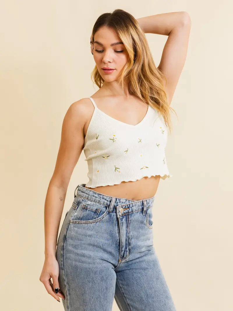 Ivory Daisy Embroidered Ribbed Lettuce Edge Brami