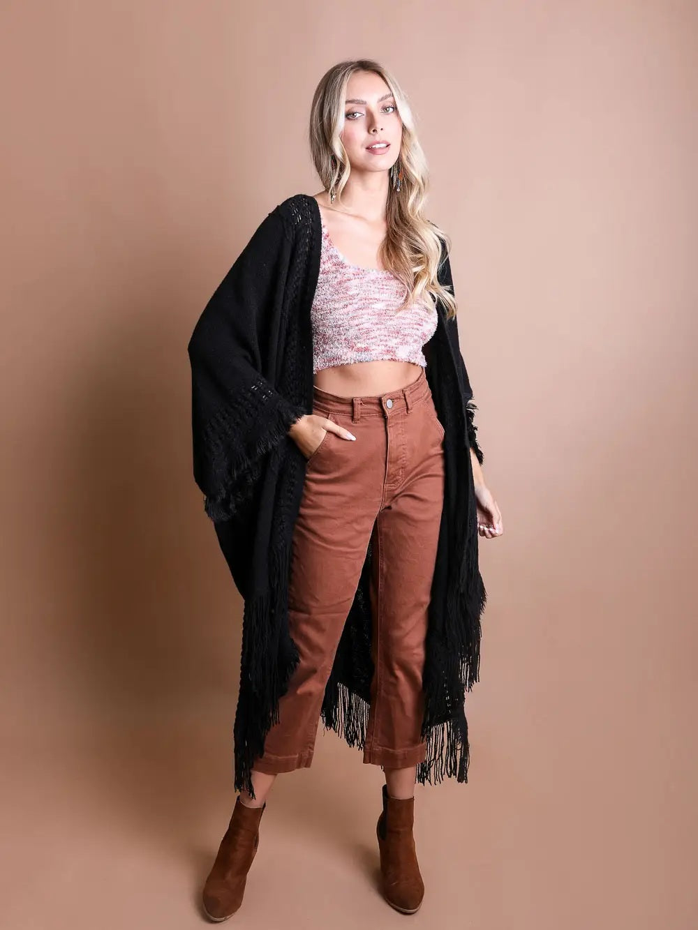 Open Work Frayed Border Cardigan