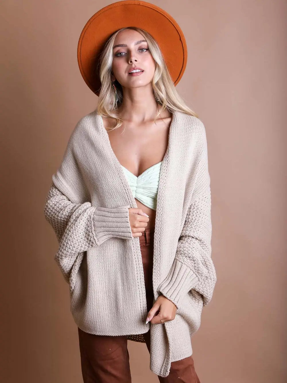Beige Bat Sleeve Knit Cardigan
