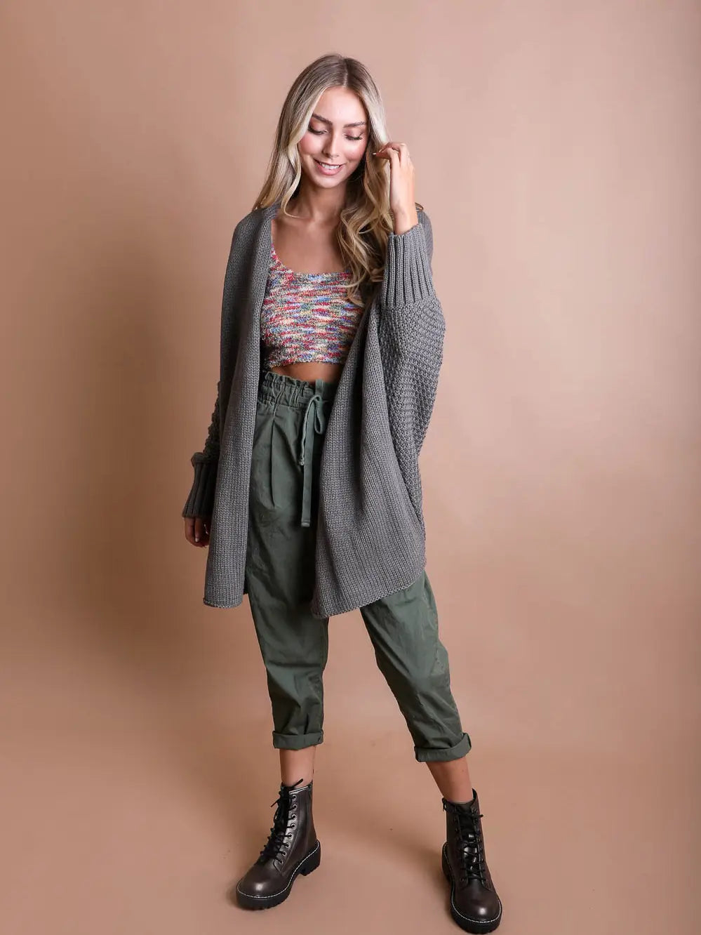Gray Bat Sleeve Knit Cardigan