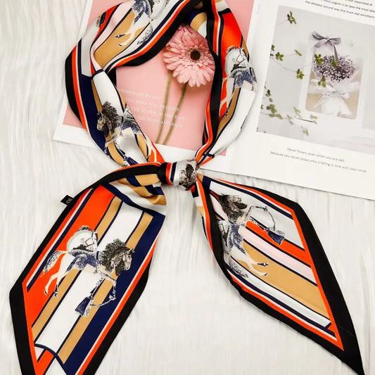Artistic Horse & Geometric Printed Satin Silky Skinny Scarf