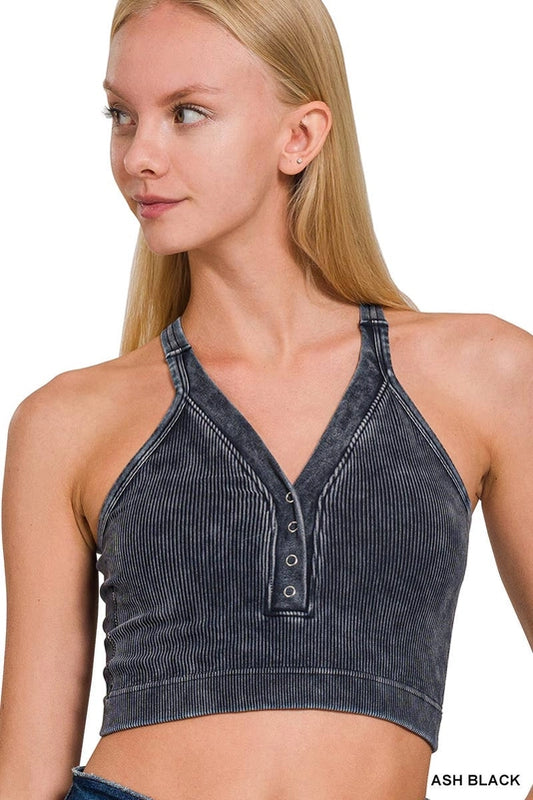 Ribbed Button Cropped V Neck Tank Top