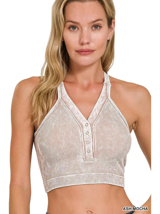 Washed Ribbed Cropped Button V-Neck Tank Top