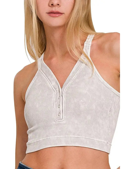 Ribbed Front Button V Neck Tank Top
