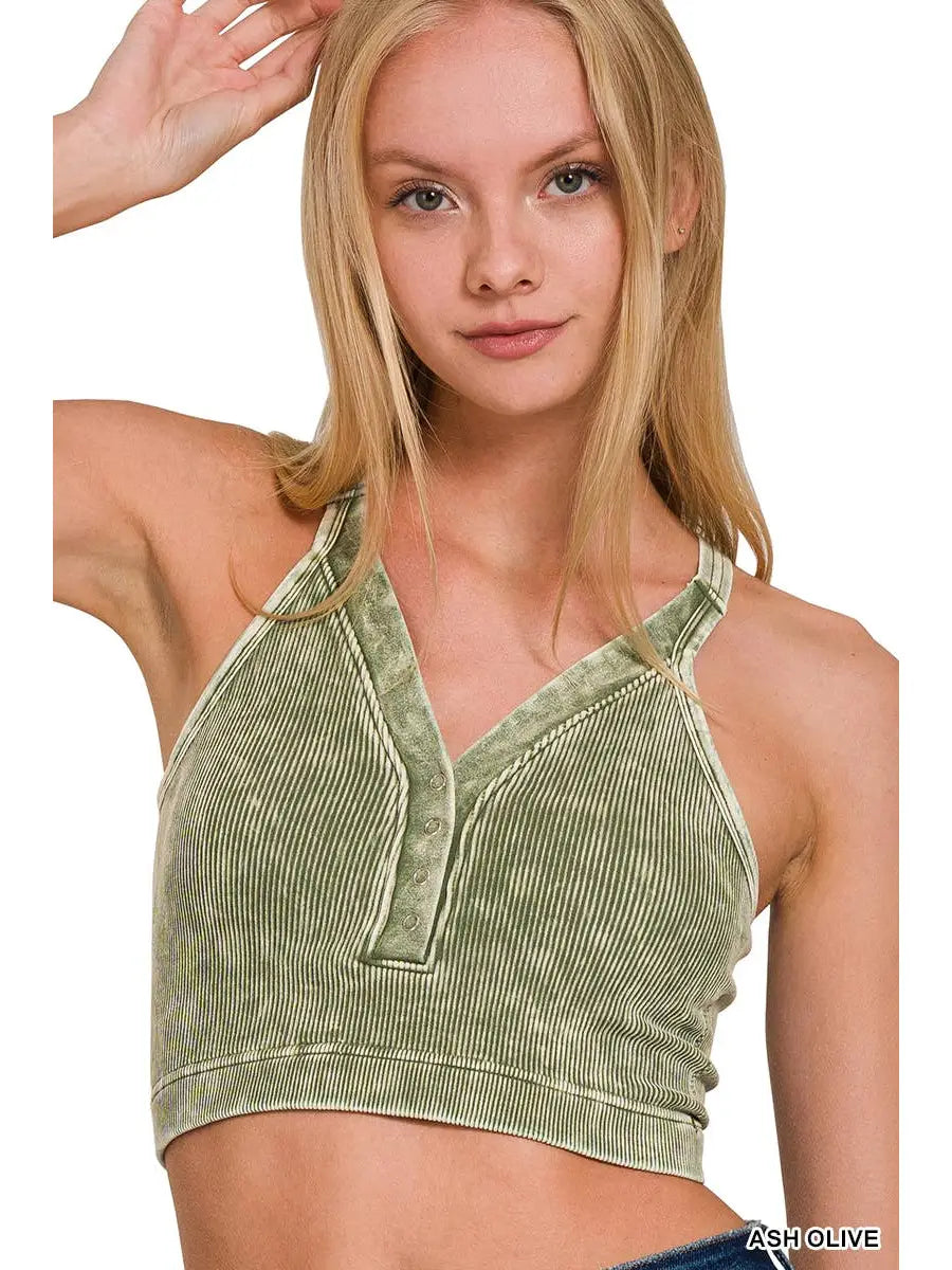 Washed Ribbed Cropped Button V-Neck Tank Top