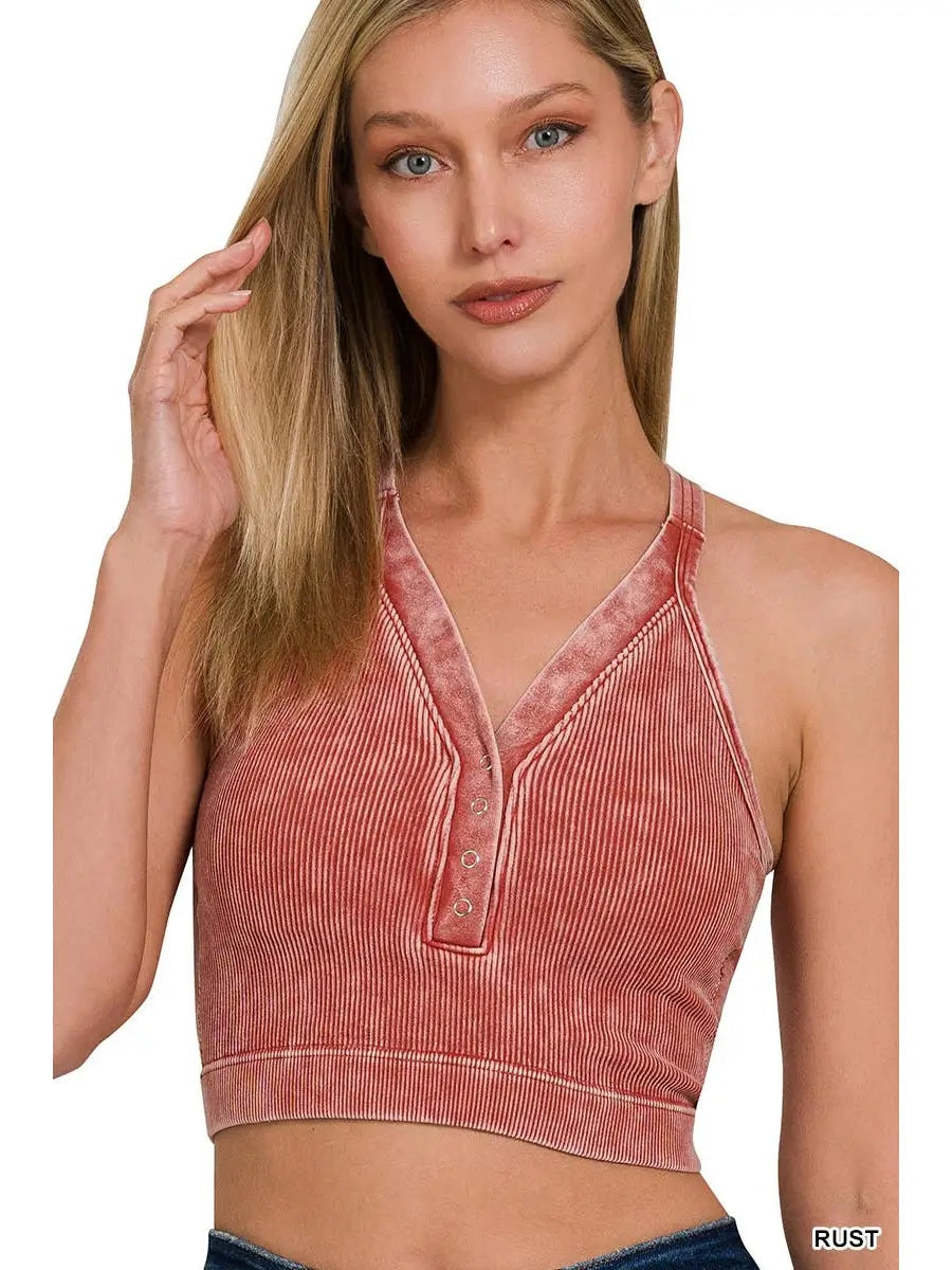 Washed Ribbed Cropped Button V-Neck Tank Top