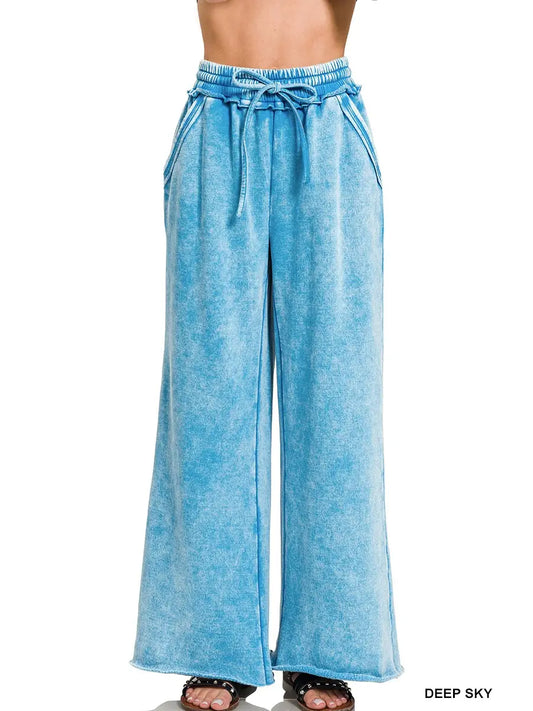 Acid Wash Fleece Palazzo Sweatpants with Pockets