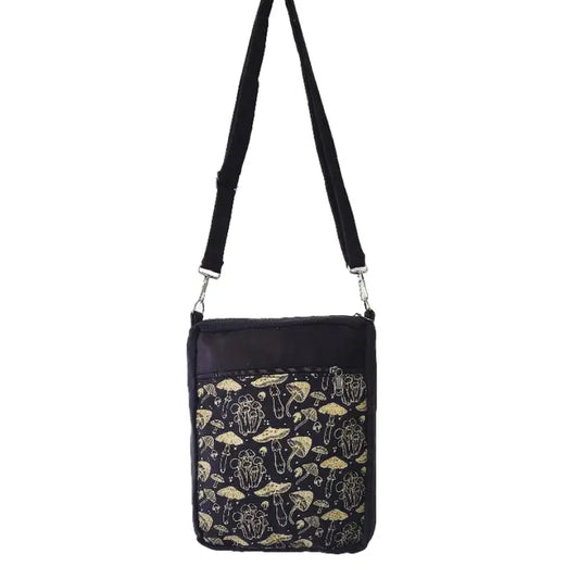 A stylish black crossbody bag featuring a gold mushroom pattern