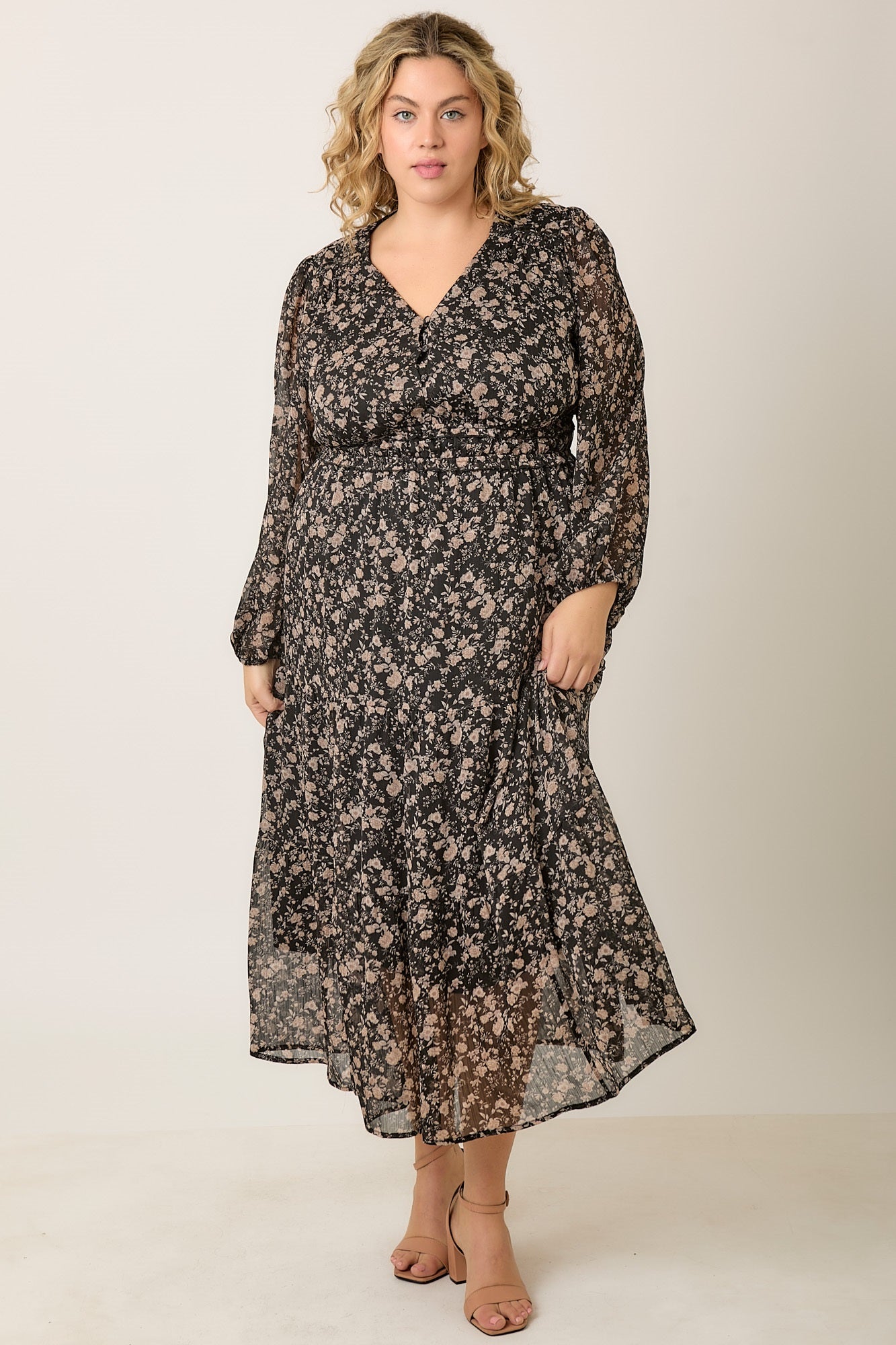 Printed Floral V Neck Maxi Dress