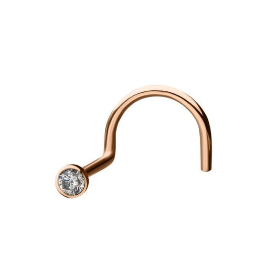 2.5mm 20g 14kt Rose Gold Nose Screw With Bezel Set Clear CZ Gem Top
