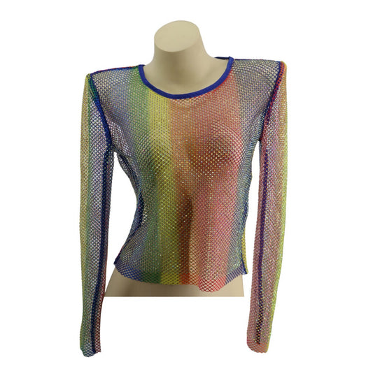 Top de crochet con diamantes de imitación y manga completa