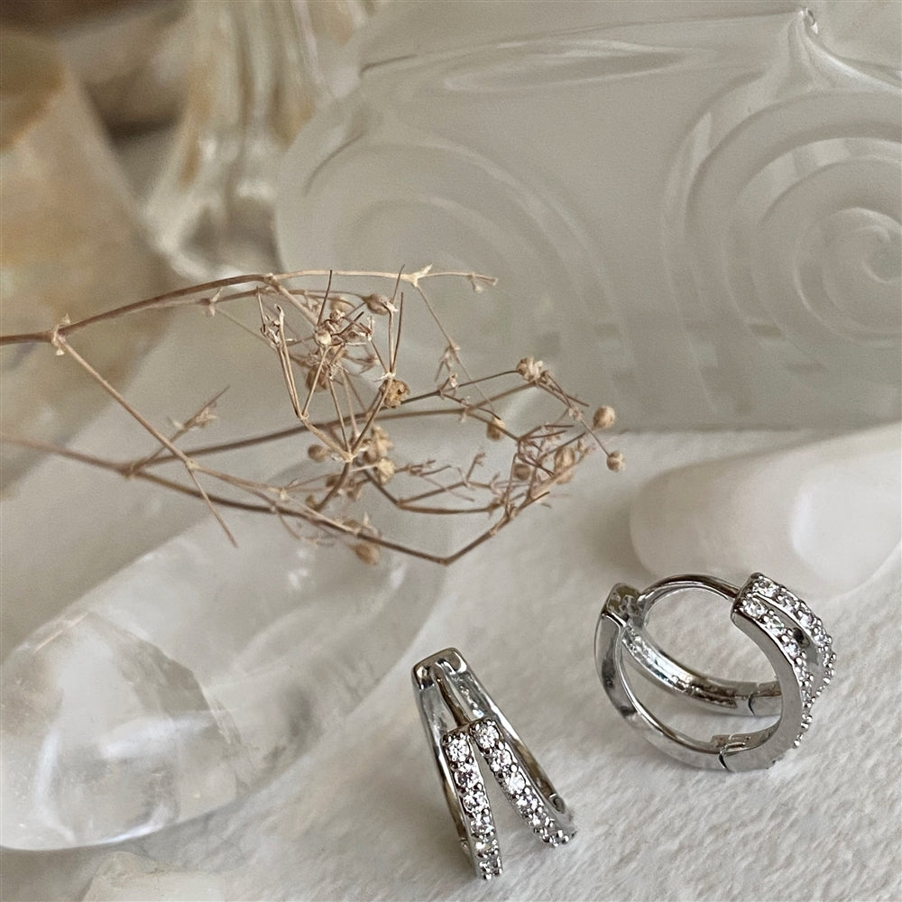 Chariklo Double Layer Rhinestone Silver Sleeper Earrings