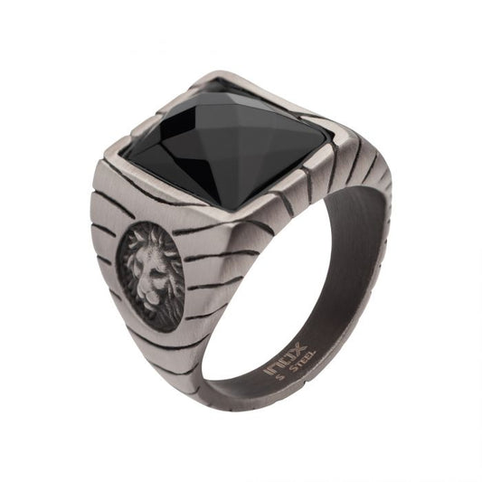 Steel Lion/Blk Agate Ring Size 11