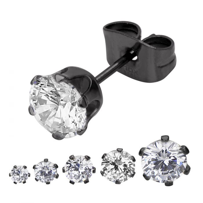 Boucle d'oreille en acier plaqué noir avec CZ transparent de 5 mm